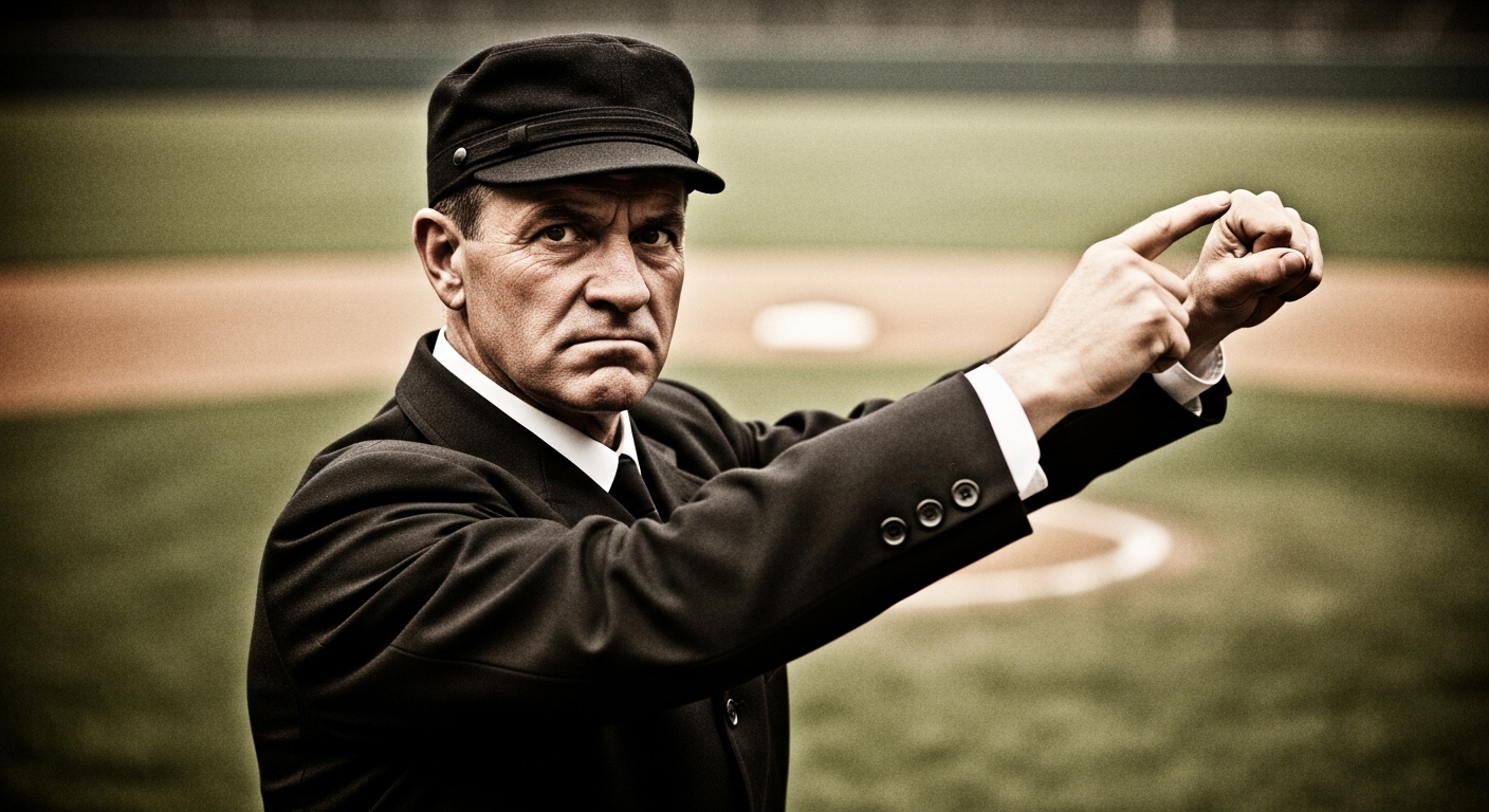19세기 후반, 스트라이크 콜을 외치는 옛날 야구 심판의 모습. 스트라이크 용어의 역사적 기원을 상징합니다.