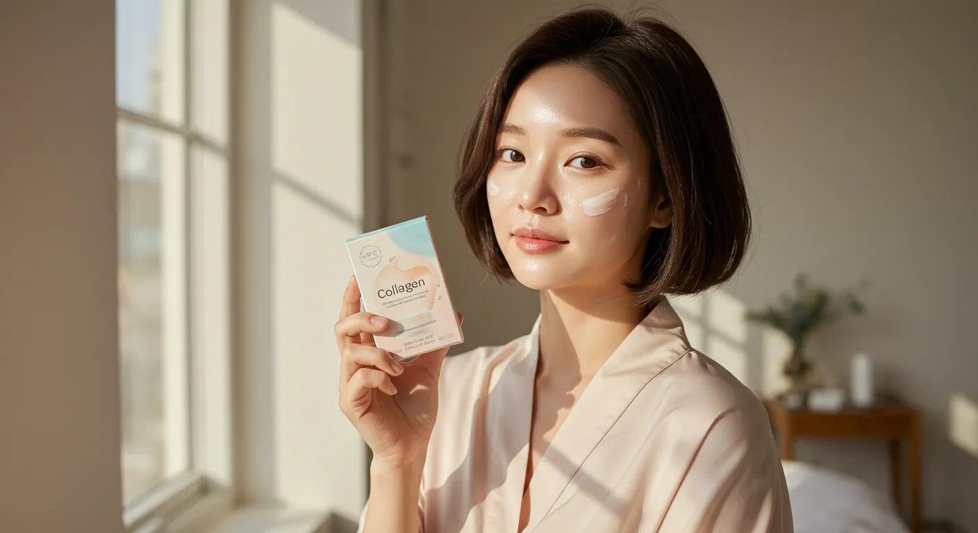 콜라겐 제품을 얼굴에 바른 여자 모델 이미지