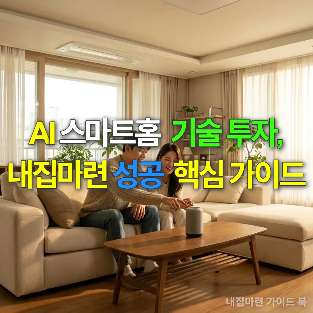 따뜻한 햇살이 비치는 한국 아파트 거실에서 스마트 스피커와 상호작용하는 젊은 부부의 모습