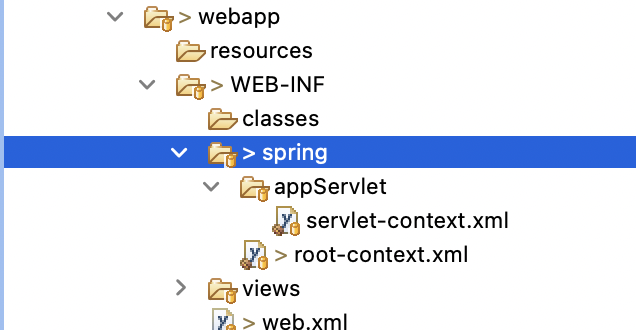 web.xml, spring 폴더(servlet-context, root-context)를 삭제한 화면 (Java 설정 기반)