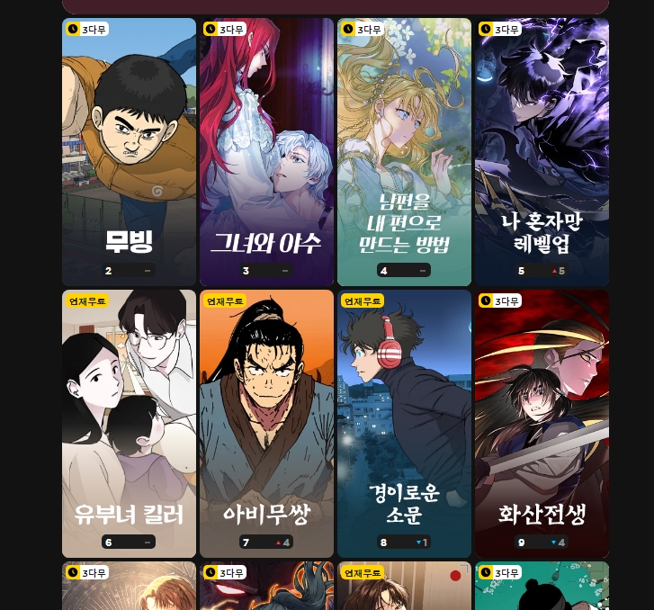 카카오웹툰 인기 작품 목록 (무빙, 나혼자만레벨업, 화산전생)