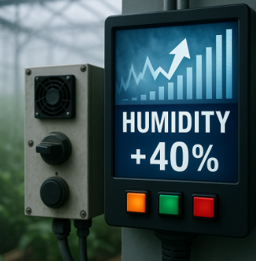 스마트팜 제어 장비 화면에 ‘HUMIDITY +40%’라는 문구와 상승 그래프가 표시되어 있으며, 배경에는 습기가 가득한 온실 내부 식물들이 보이는 장면