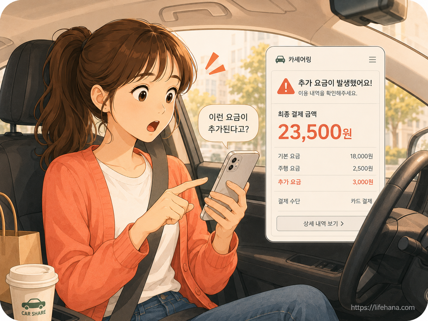 쏘카 스마트폰 예약 화면의 대여료 결제창과 반납 후 날아온 최종 상세 주행 영수증 내역을 대조하는 모습