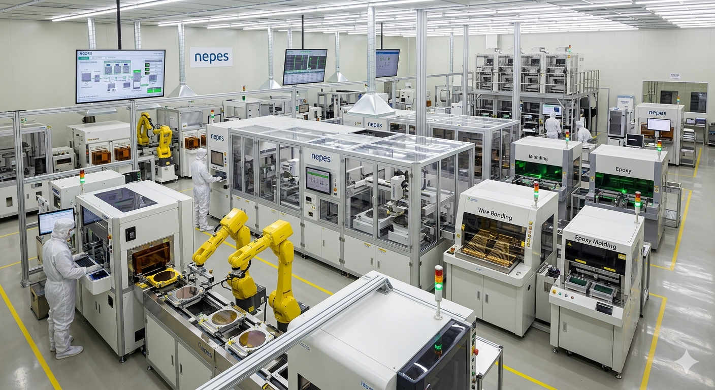 **"네패스(Nepes) 반도체 클린룸의 자동화된 첨단 패키징 공정 라인 전경"**입니다.