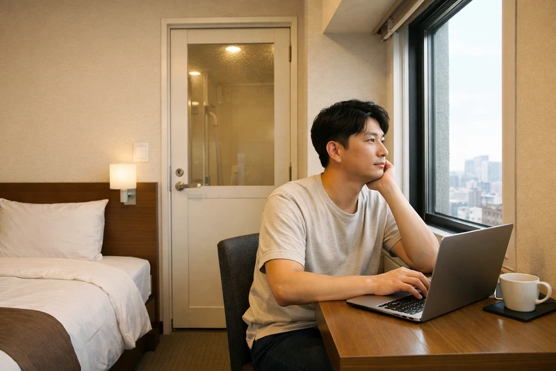 일본 비즈니스 호텔의 밝고 깔끔한 싱글룸에서 30대 한국인 남성이 창가 옆 작은 책상에 앉아 노트북을 켠 채 쉬고 있는 모습. 뒤쪽에는 정돈된 침대와 전용 욕실 문이 보인다.