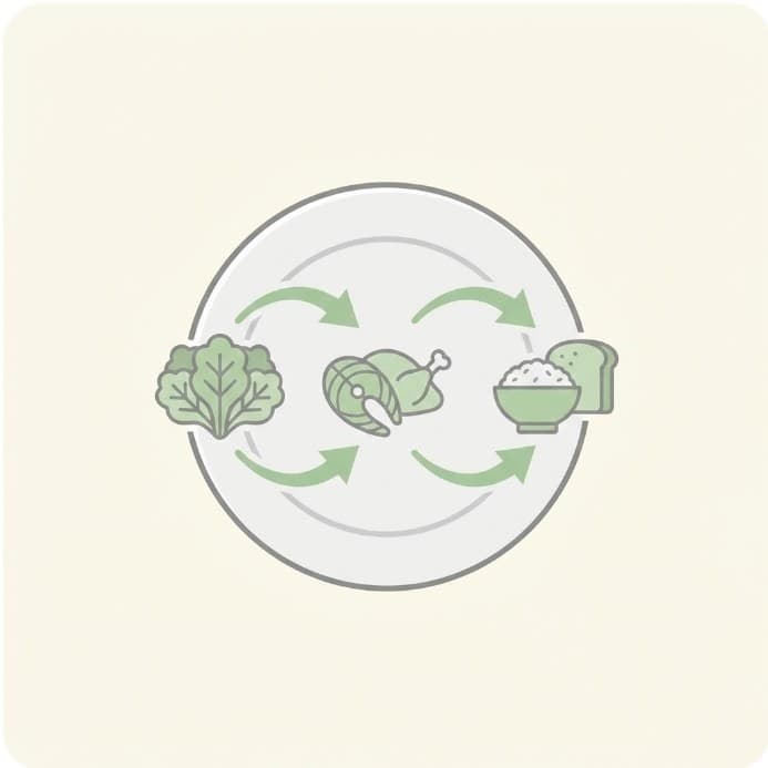 채소→단백질→탄수 순서로 먹는 방법을 접시와 화살표 아이콘으로 표현한 이미지