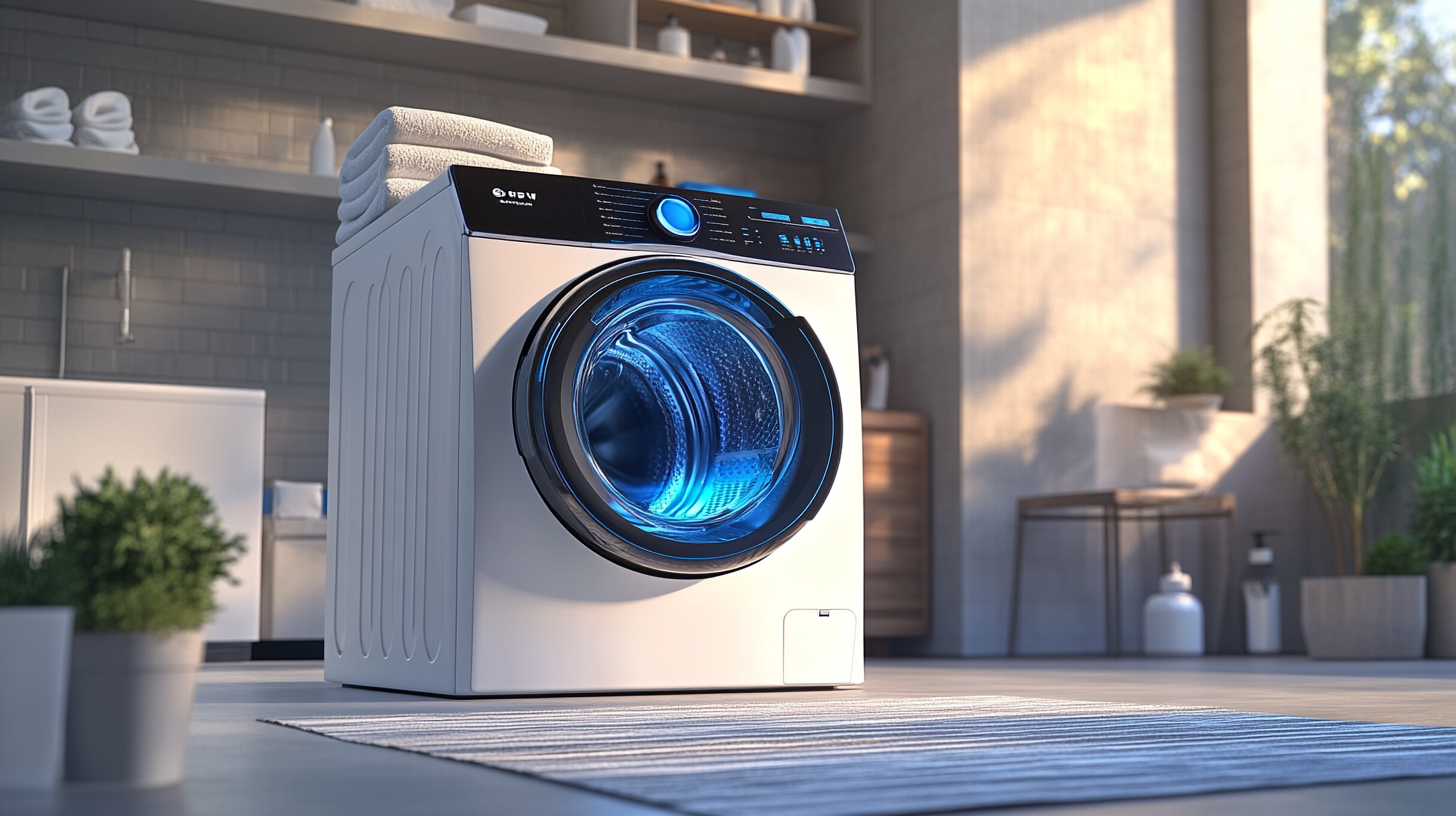 물 효율성 기능에 초점을 맞춘 미래지향적인 디자인의 세탁기로, 세련된 세탁실 배경과 밝은 조명이 어우러져 있습니다.