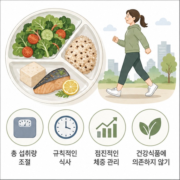 채소와 통곡류, 단백질 식품을 적절한 양으로 구성하고 규칙적인 식사와 점진적인 체중 관리를 함께 하는 모습을 보여 주는 그림
