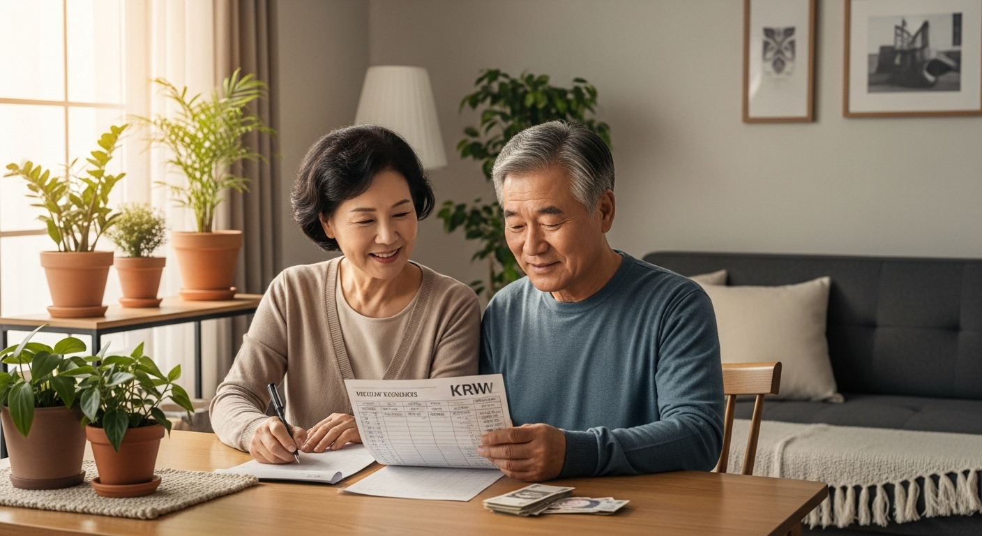 조용한 아침, 은퇴 부부가 나란히 앉아 가계부를 함께 정리하는 순간