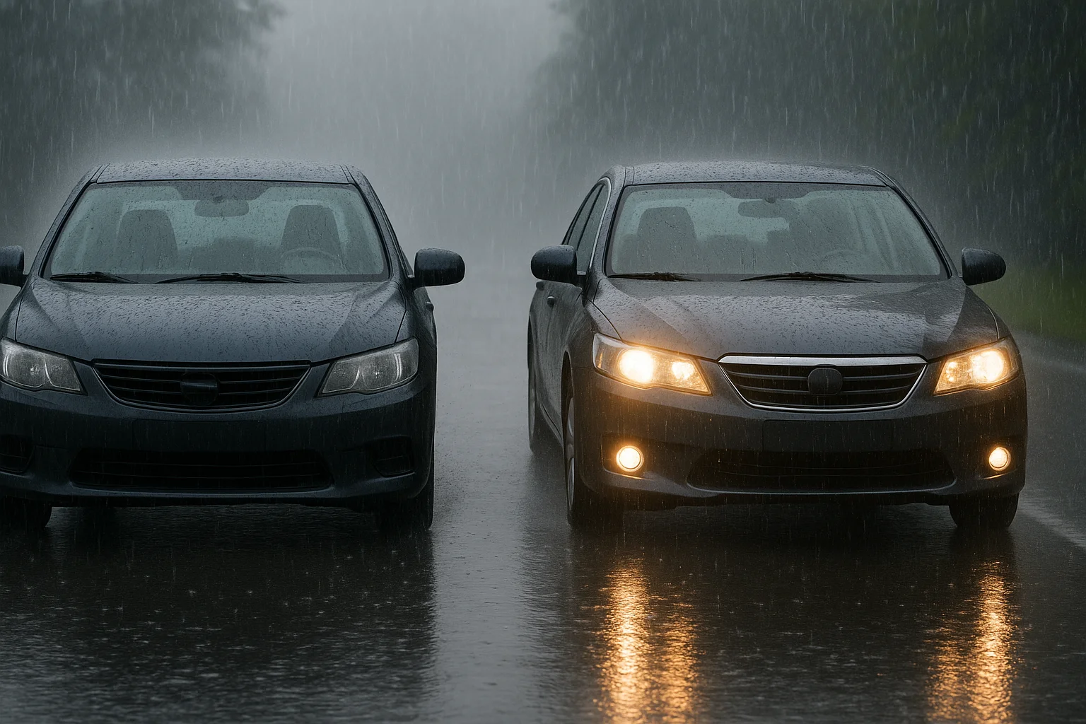 전조등을킨 차량과 안킨차량비교