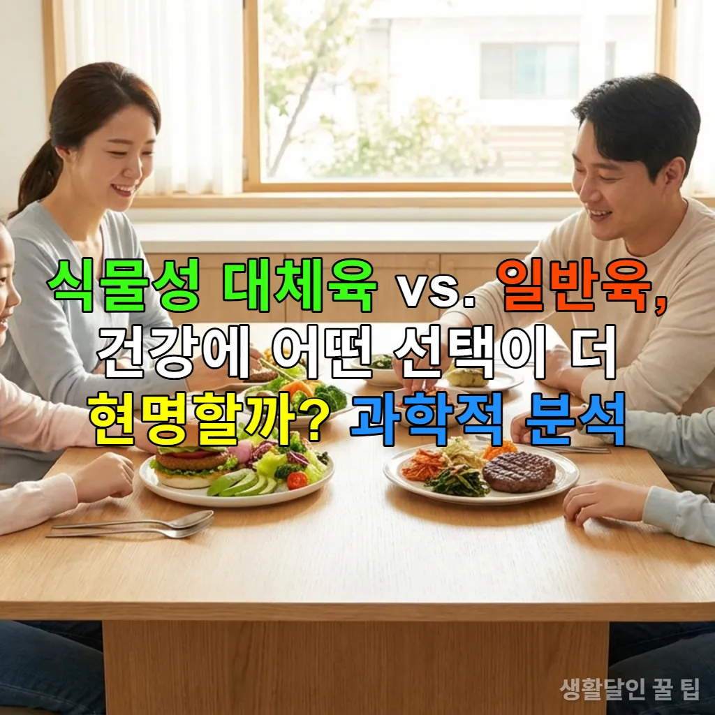 식물성 대체육과 일반육이 놓인 식탁에서 고민하는 한국인 가족의 모습