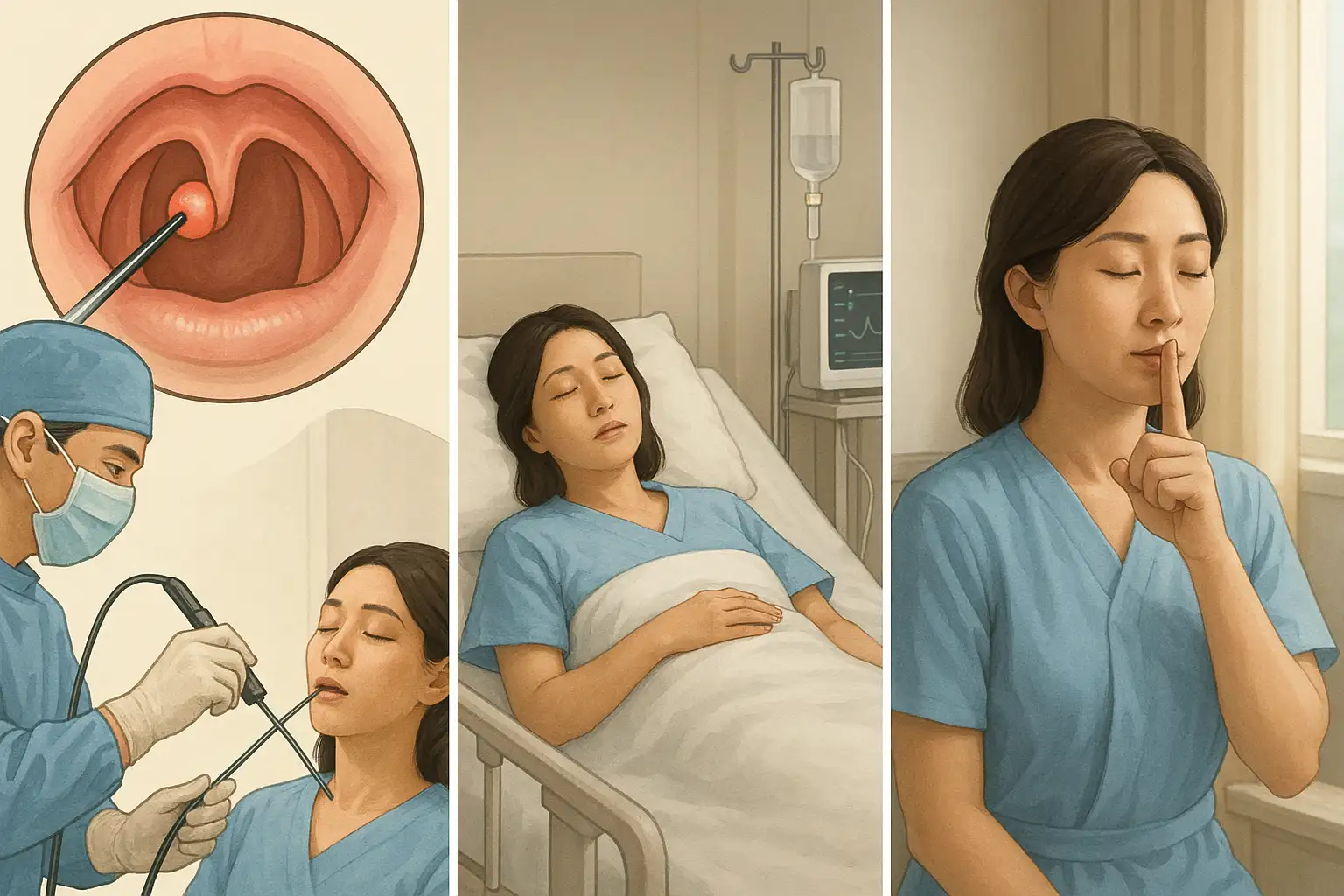 내시경으로 성대 결절을 제거하는 장면의 의학 일러스트, 병원 침대에서 회복 중인 환자, 수술 후 음성 휴식하는 모습