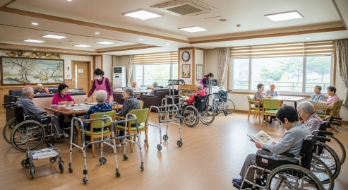 복지용구(보행기, 휠체어 등) 구비된 실내 장면