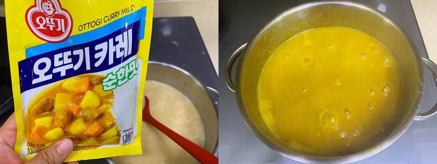 왼쪽 사진에는 오뚜기 카레 순한 맛 봉투가 있고 봉투 뒤에 간 양파가 담겨진 냄비와 빨간 주걱이 보인다
오른쪽 사진에는 노란 카레가 끓고 있다.