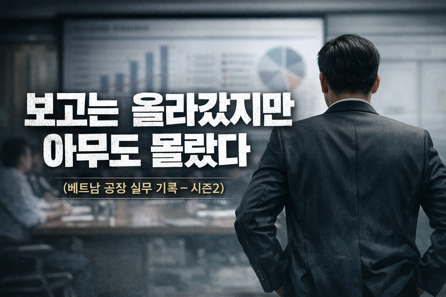 베트남 의류 공장 회의실에서 생산 관리자들이 납기 일정과 보고 자료를 검토하는 모습