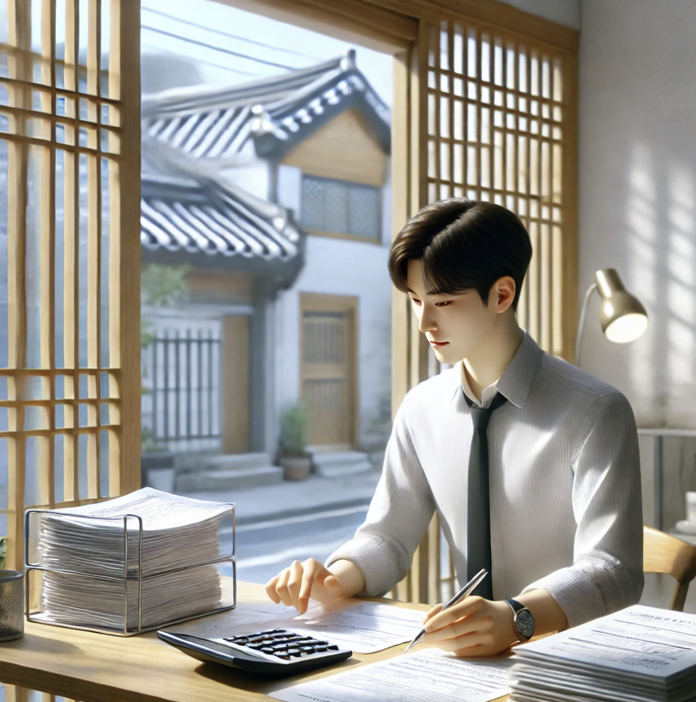 세금관련 문서를 살펴보며 집중하는 모습