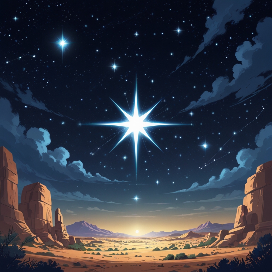 고대 밤하늘에 갑자기 등장한 매우 밝은 별을 통해 초신성 가능성을 상징적으로 표현한 장면