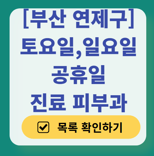 부산 연제구 일요일 문 여는 피부과 목록 ❘ 토요일, 주말, 공휴일 영업 병원 (두드러기, 아토피, 습진, 피부염, 여드름 진료)