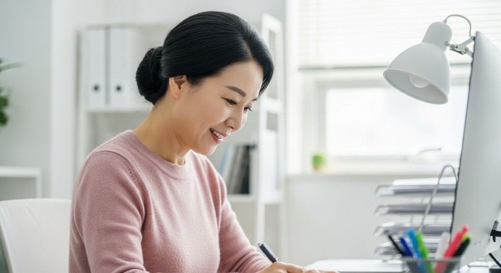 사무실에서 성실히 일하는 중년 여성