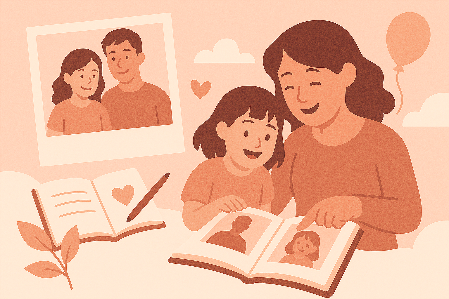 따뜻한 빛 속에서 가족의 사랑과 아이의 추억이 포근하게 피어나는 장면