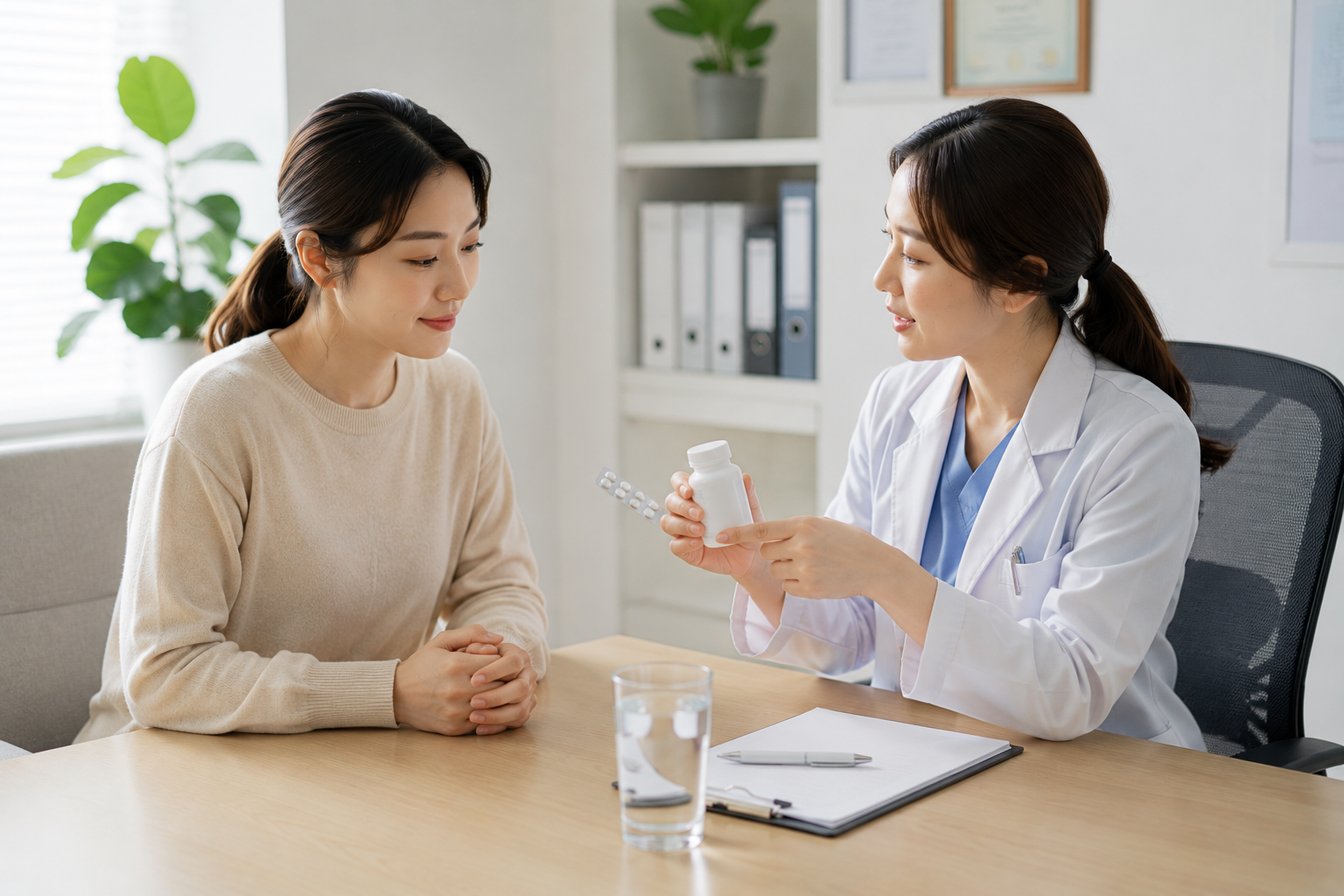 항생제 복용 중 유산균 섭취 방법과 시간을 의료진에게 상담하는 여성