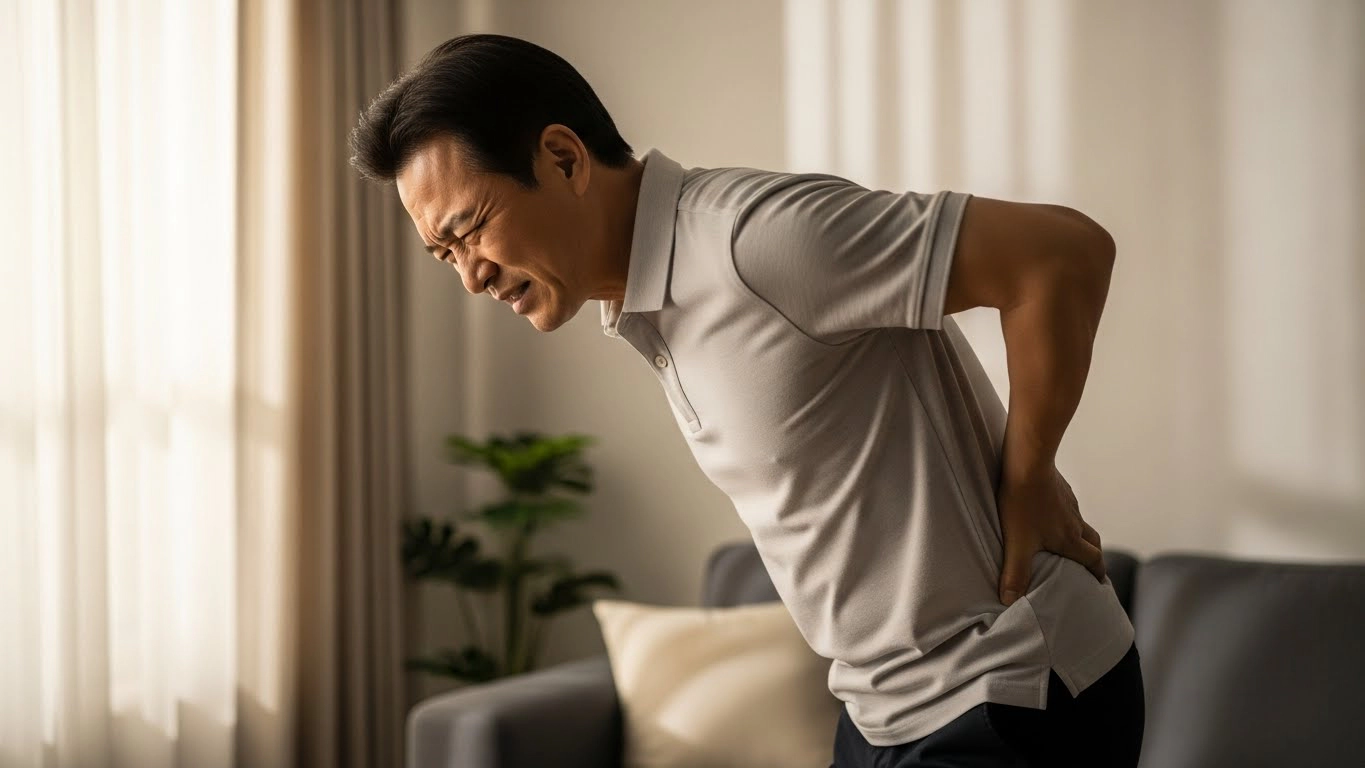 허리를 부여잡고 통증을 느끼는 중년 한국 남성