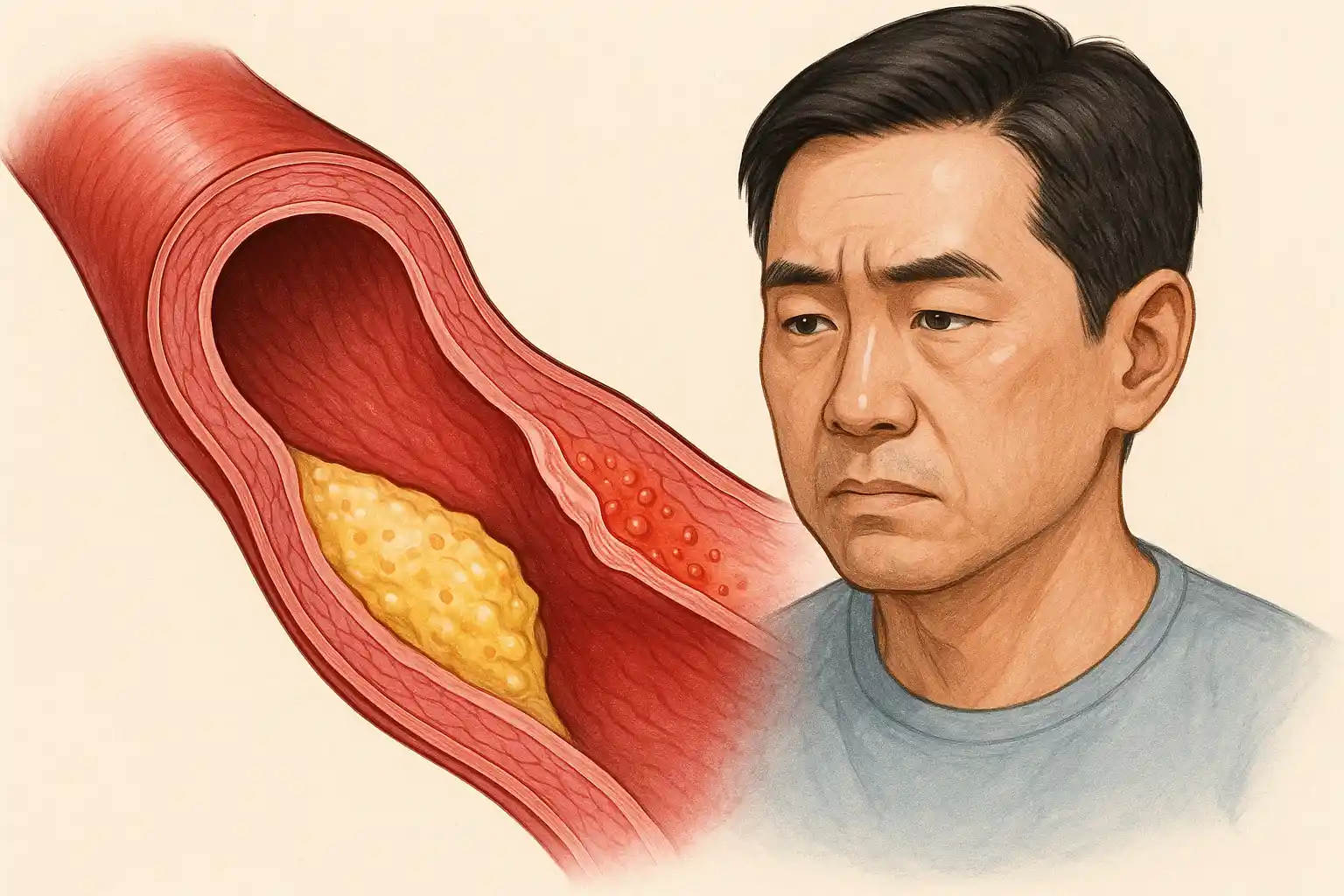 동맥 단면에 플라크가 쌓이고 염증으로 좁아진 혈관