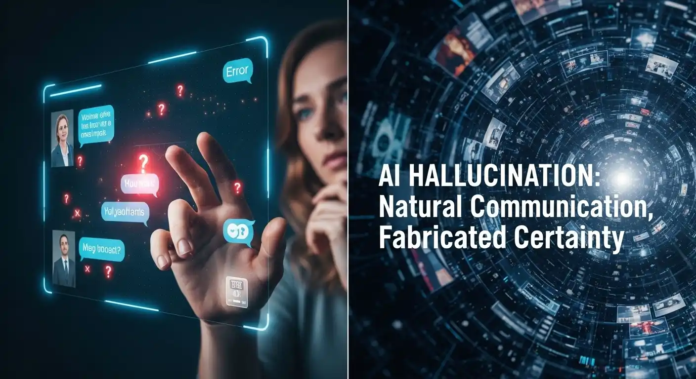 <img src="ai_hallucination_communication.webp" alt="AI가 자연스럽게 소통하면서도 잘못된 정보를 확신처럼 제시하는 환각 현상을 설명한 이미지 입니다">
