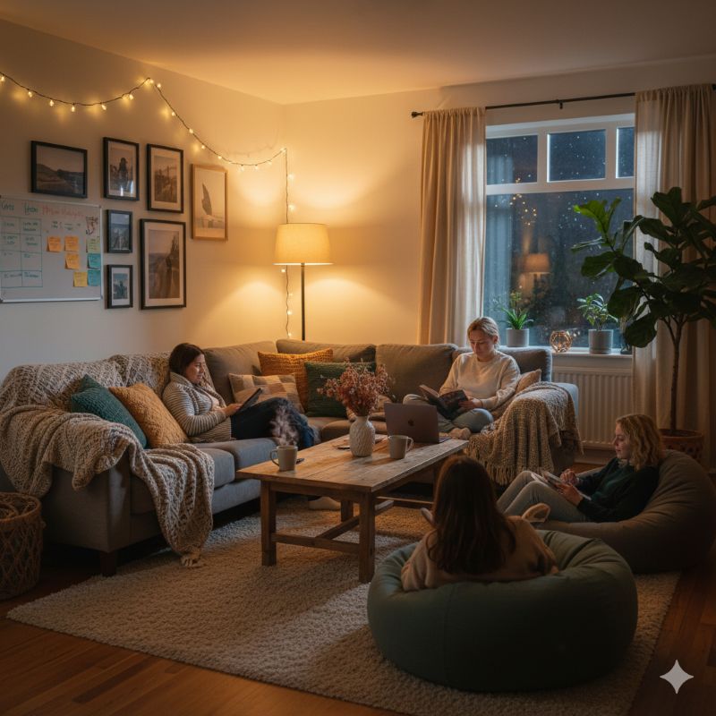 아늑한 조명 아래 입주민들이 휴식을 취하는 쉐어하우스 거실 인테리어와 편안한 저녁 풍경