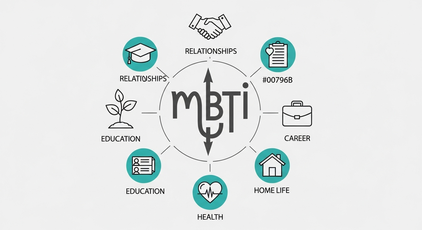 MBTI 유형별 관계, 커리어, 자기계발 꿀팁을 시각적으로 보여주는 인포그래픽, 다양한 MBTI 활용법.