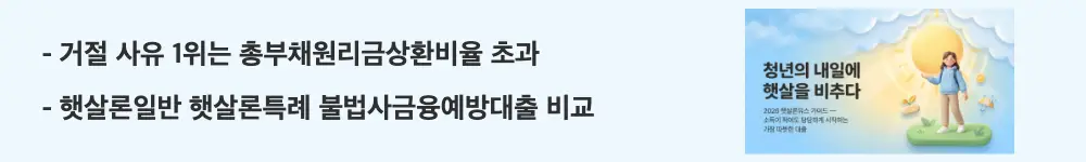 햇살론유스 조건: &rsquo;거절 사유 1위는 총부채원리금상환비율 초과, 햇살론일반 햇살론특례 불법사금융예방대출 비교'라는 문구가 포함된 웹배너 이미지. 이 이미지는 햇살론유스 주요 거절 사유와 대안 상품 비교 정보를 시각적으로 전달하며, 블로그의 햇살론유스 거절 시 대안과 관련된 내용을 설명함