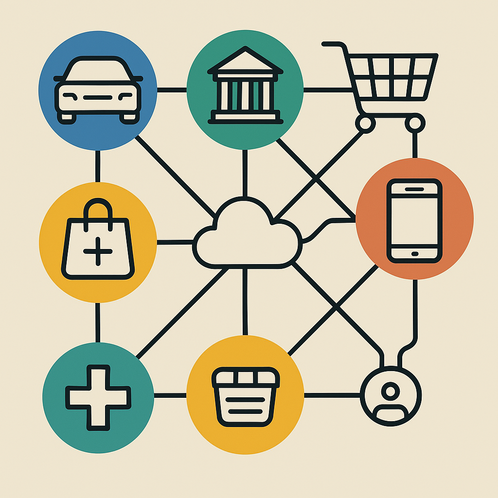 다양한 산업 아이콘들(자동차, 은행, 쇼핑카트, 스마트폰 등)이 연결선으로 얽혀있는 인포그래픽입니다.