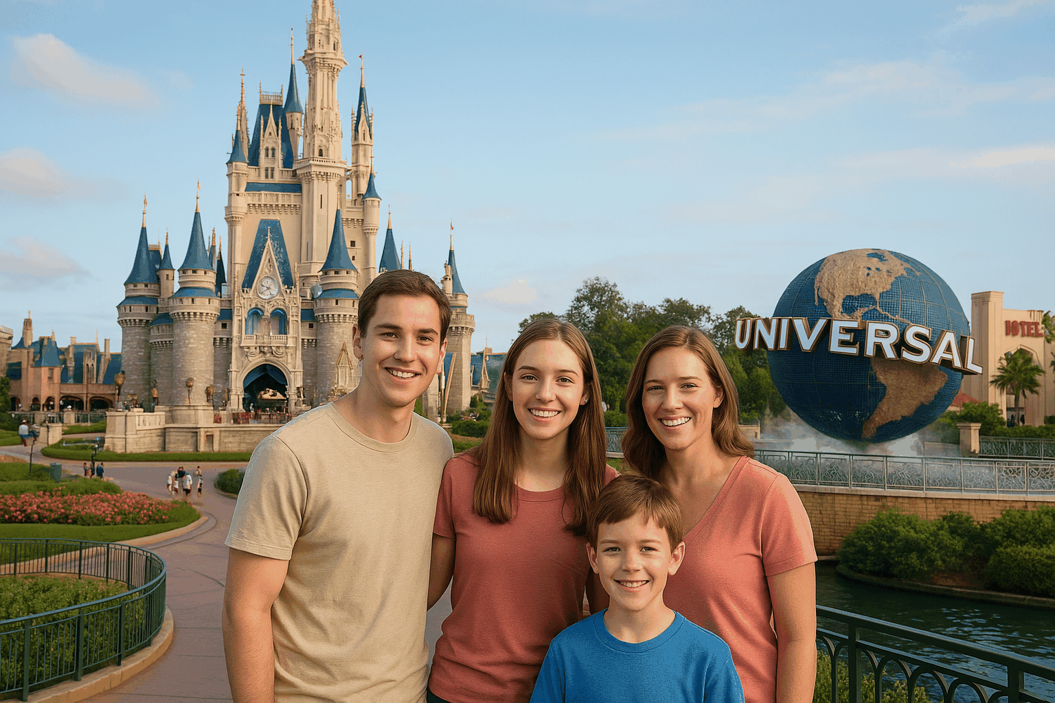 미국 디즈니월드 앞에서 행복하게 포즈를 취하는 네 가족의 모습