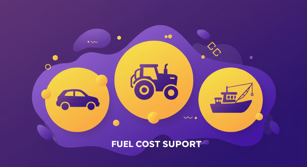 경차, 농업용 트랙터, 어선 아이콘이 퍼플-옐로우 배경에 역동적으로 배치된 이미지로, 유류비 지원 혜택을 시각적으로 표현.
