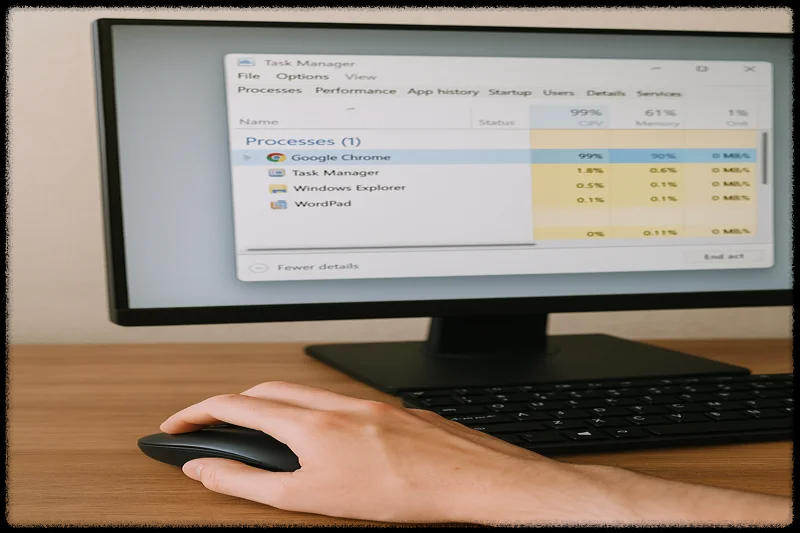 컴퓨터 화면에서 작업 관리자를 확인하며 CPU와 메모리 사용량을 점검 중인 모습