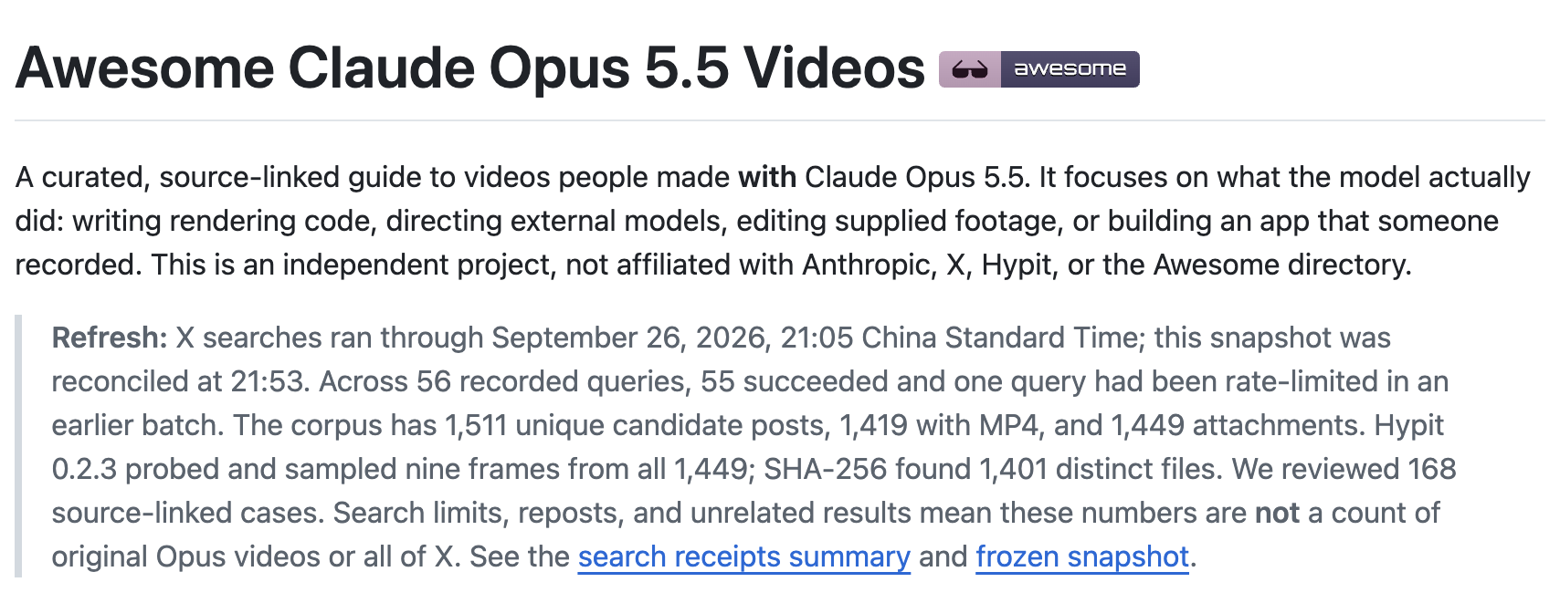 오퍼스 5.5로 만든 영상을 원문 링크와 함께 정리한 깃허브 목록 awesome-opus-5-5-videos 소개
