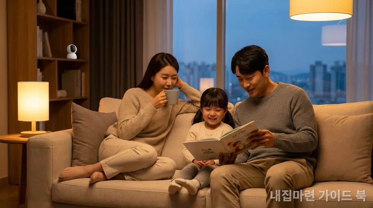 스마트 보안 카메라가 있는 안전하고 아늑한 집에서 편안하게 휴식하는 한국 가족