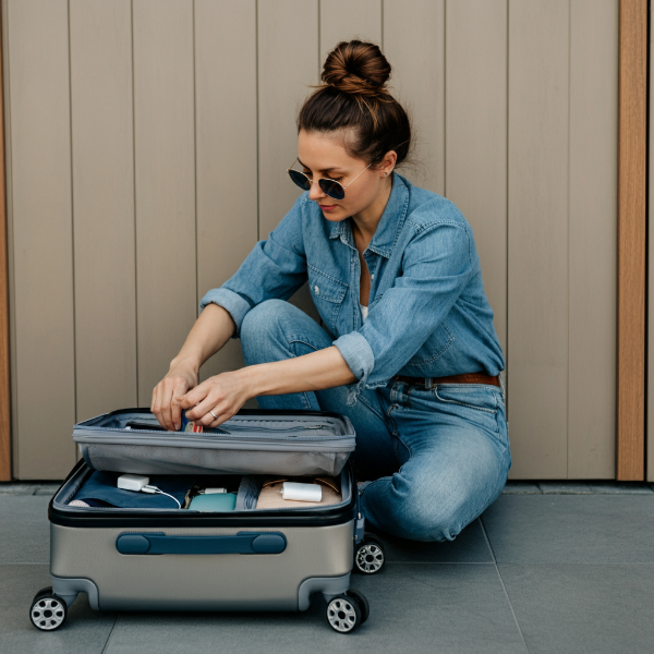 여행용 캐리어 내부에 보조배터리와 액체류가 정리된 상태