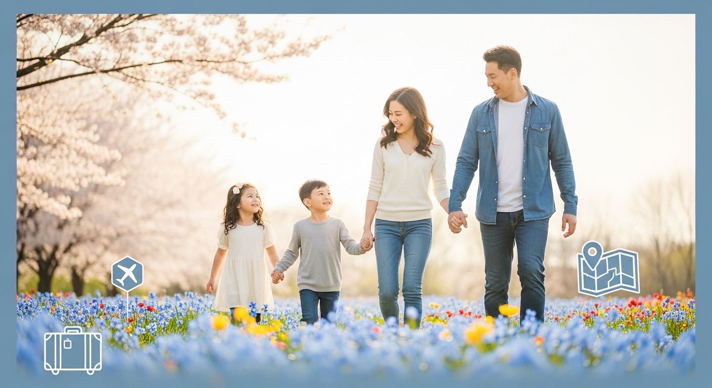 따뜻한 봄날, 꽃밭에서 손 잡고 걷는 행복한 가족의 모습