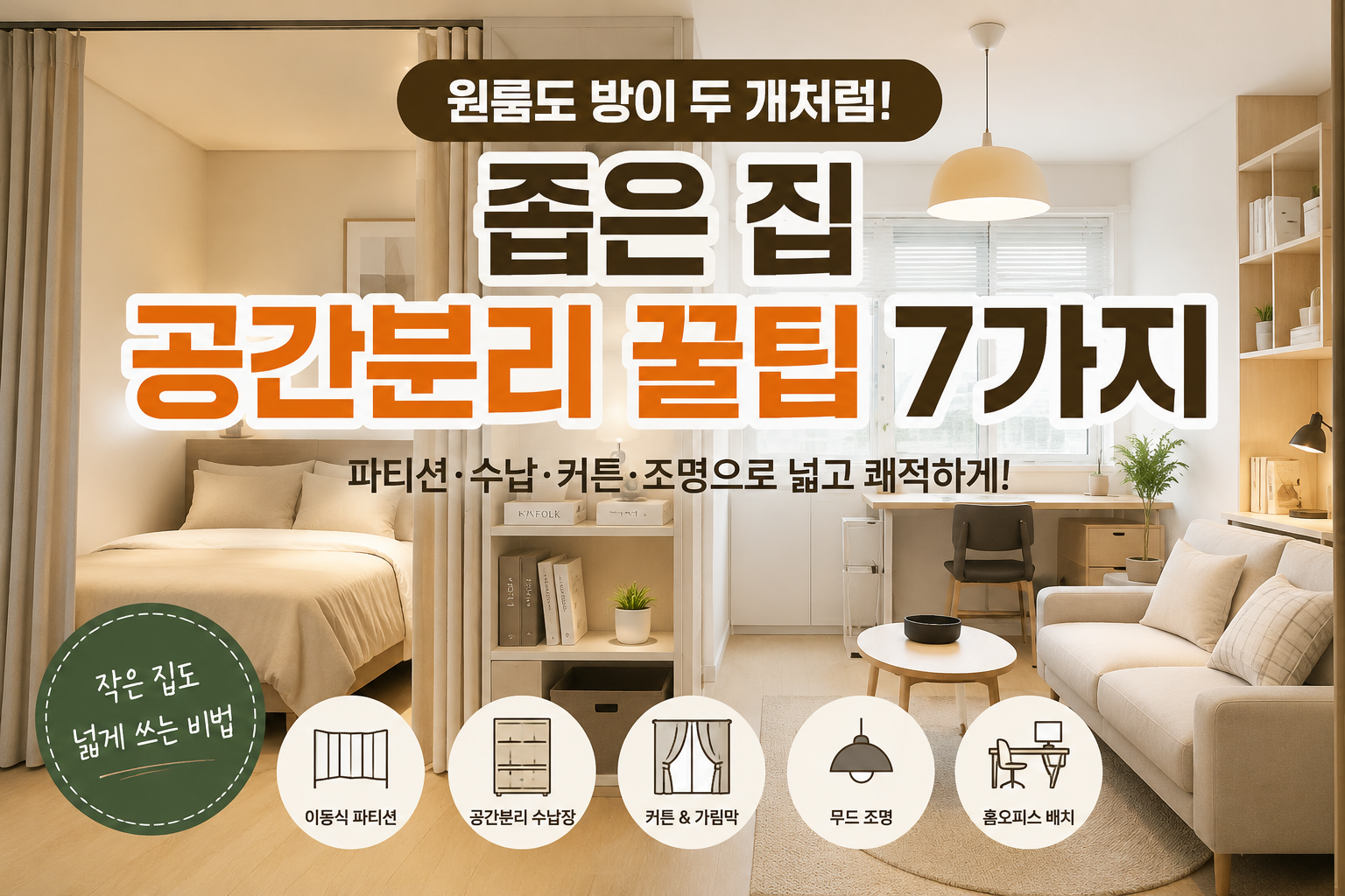 좁은 집 공간분리 꿀팁 7가지, 원룸을 침실과 거실로 나누는 인테리어 방법의 대표 이미지입니다. 이동식 파티션, 공간분리 수납장, 커튼, 조명을 활용해 원룸을 방 두 개처럼 활용하는 공간분리 인테리어 예시에 대한 설명이 있습니다.