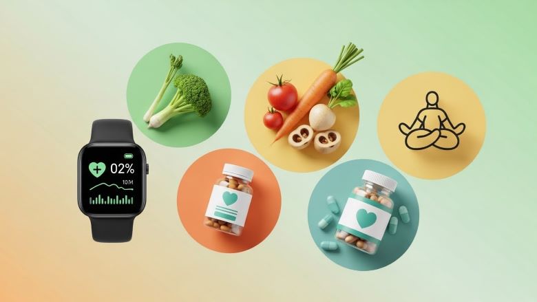 파스텔 그라데이션 배경에 6개의 원형 아이콘으로 건강 관리 요소를 표현 - 스마트워치 건강 모니터링(심박수 92%, 10M), 녹색 채소(브로콜리와 셀러리), 신선한 야채(당근, 토마토, 무, 버섯), 명상 요가 자세, 영양 보충제 병, 건강 영양제 캡슐로 구성된 웰니스 라이프스타일 인포그래픽