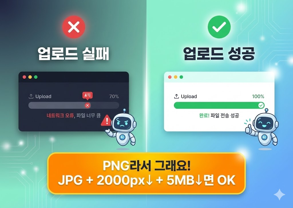 나노바나나 업로드 실패와 업로드 성공 비교 이미지 &ndash; PNG 파일 오류 / JPG 변환 및 크기&middot;용량 축소 후 정상 업로드 해결