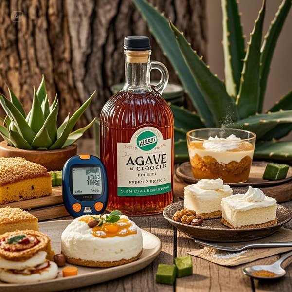 아가베 선인장과 아가베 시럽 병, 혈당 측정기, 아가베 시럽을 활용한 다양한 요리와 음료