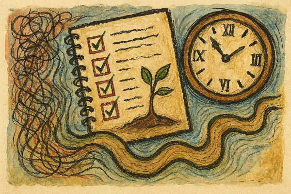 회복 정체기 극복을 위한 체크리스트와 성장 노트, 다시 움직이는 삶의 흐름을 상징하는 시계 이미지