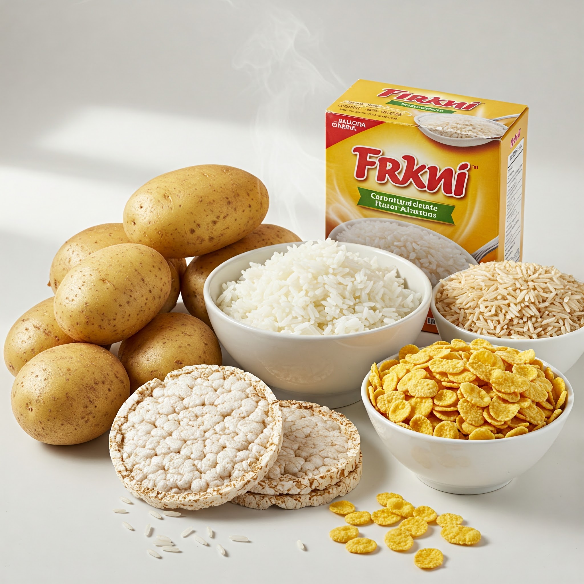 고 GI 지수 식품 사진 (감자, 백미, 흰밥, 콘플레이크)