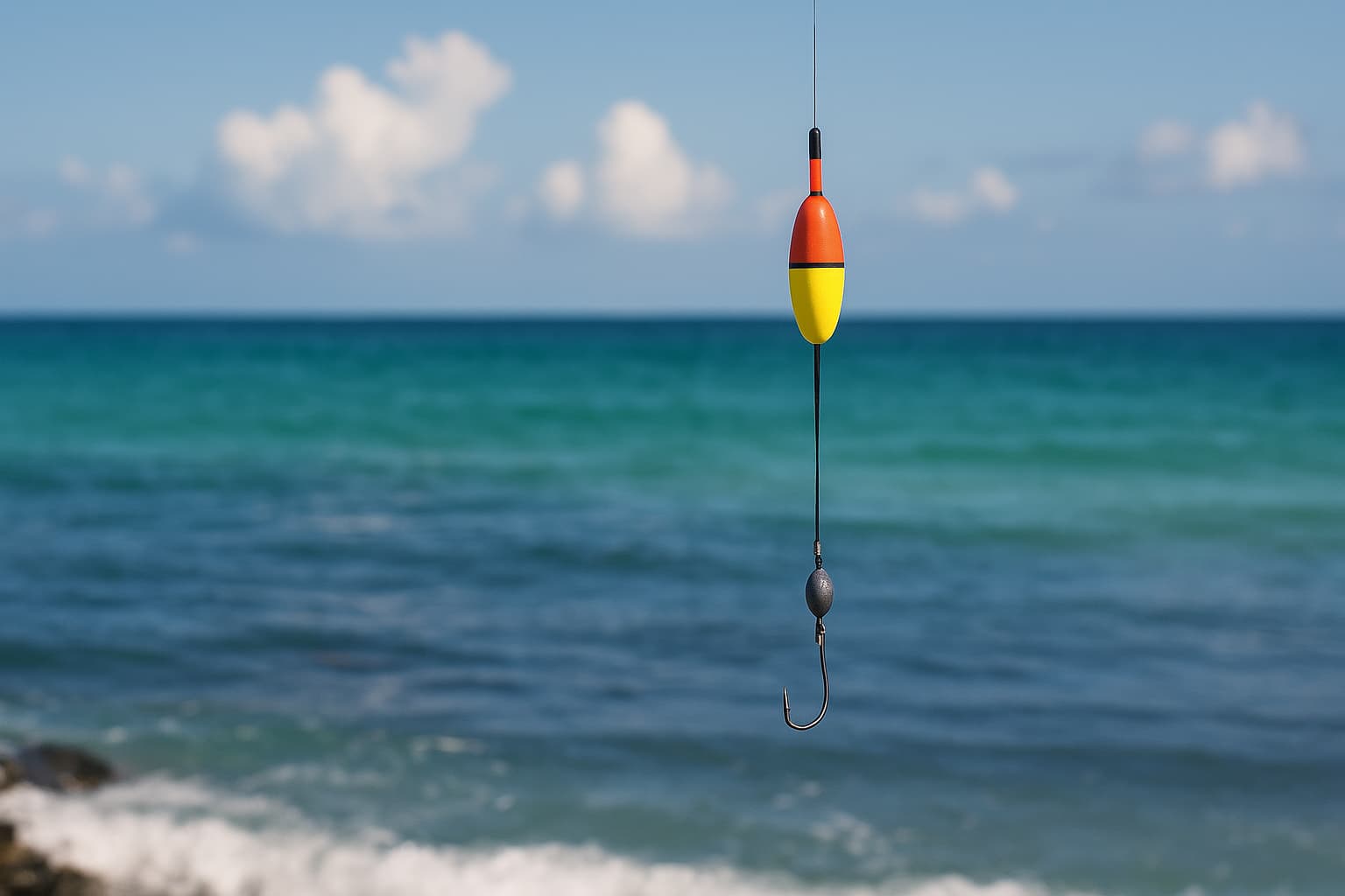 바다 풍경과 찌와 봉돌이 달린 낚시줄