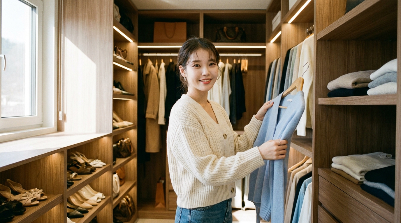 밝고 화사한 드레스룸 의류 수납 공간에서 파스텔톤 옷들을 다정하게 정리하는 청순한 한국인 여성