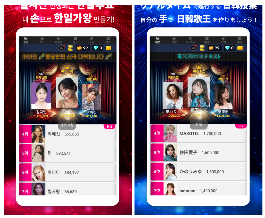 한일 가왕전 투표&#44; 내 손으로 가왕 만들기 투표 화면