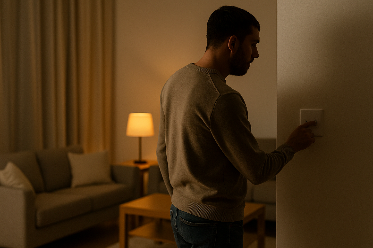 전등 스위치를 끄며 전기를 절약하는 모습