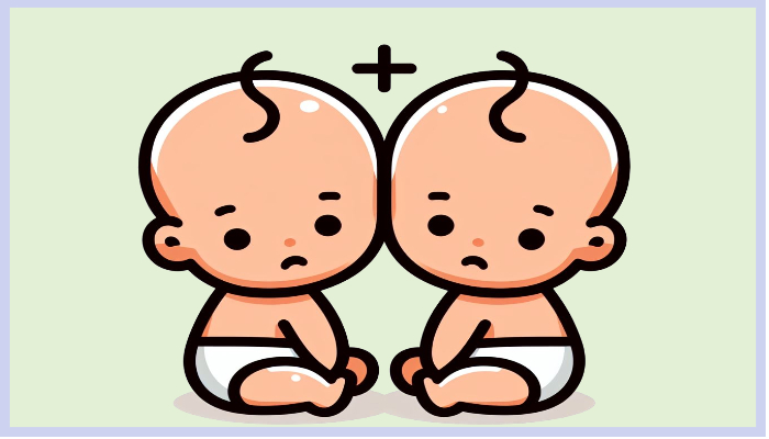 똑같은 표정과 자세의 쌍둥이 아기 일러스트로, 쌍태아 출생 시 출산장려금 지급 기준을 순위별로 적용하는 정책 내용을 상징적으로 표현하고 있습니다